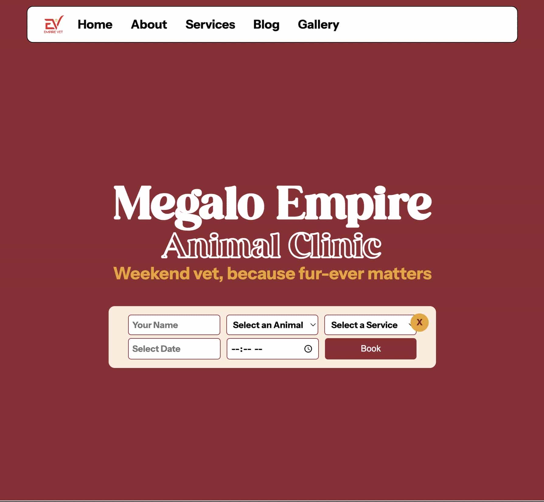 The landing page of Megalo Empire Animal Clinic Website